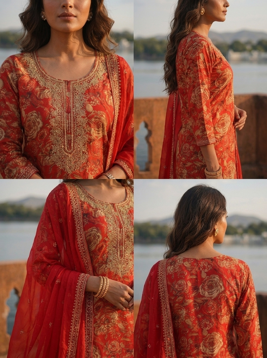 Red Silk Watercolor Floral Printed Three Piece Set
