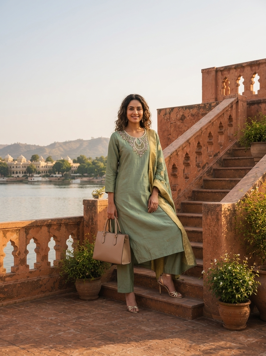Pista Tissue Thread And Stone Embroidered Three Piece Set