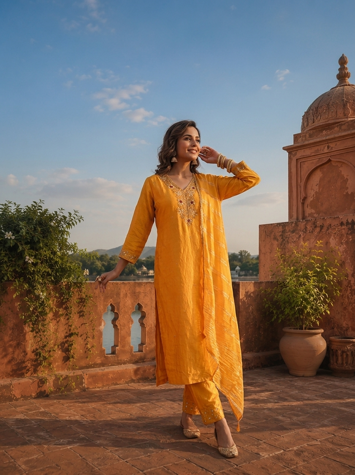Gold Silk Stone Embroidered Three Piece Set