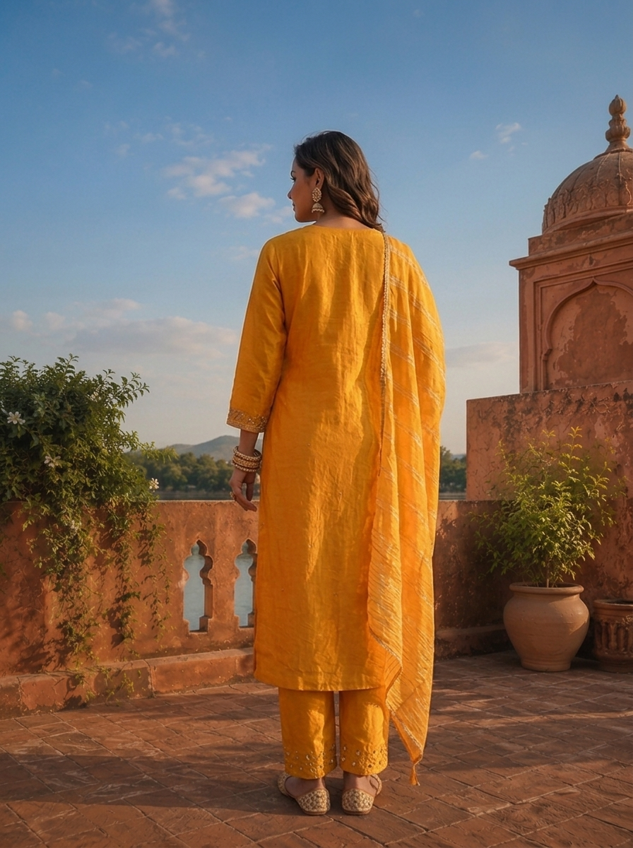 Gold Silk Stone Embroidered Three Piece Set