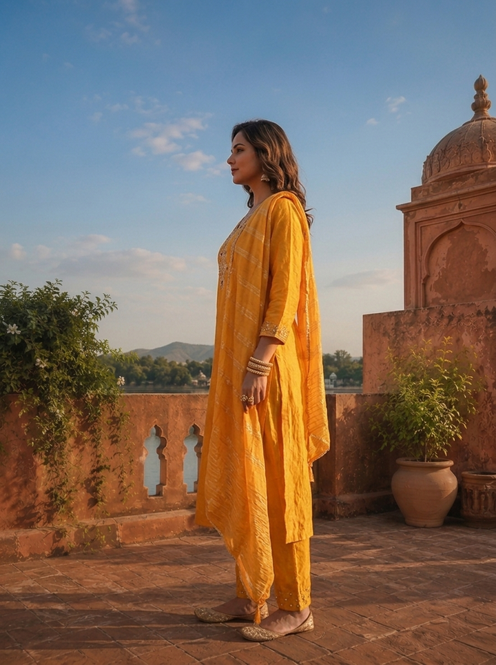 Gold Silk Stone Embroidered Three Piece Set