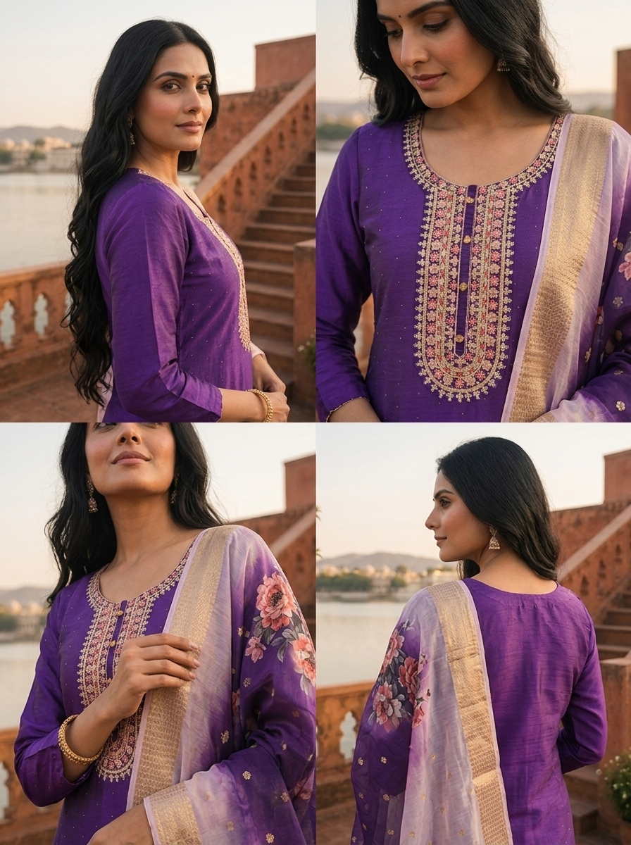 Purple Silk Embroidered Three Piece Set