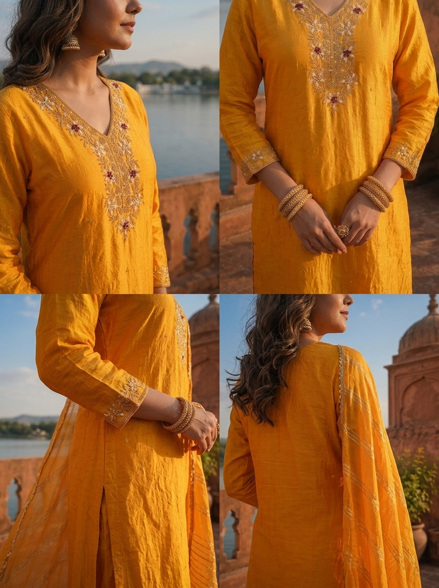 Gold Silk Stone Embroidered Three Piece Set