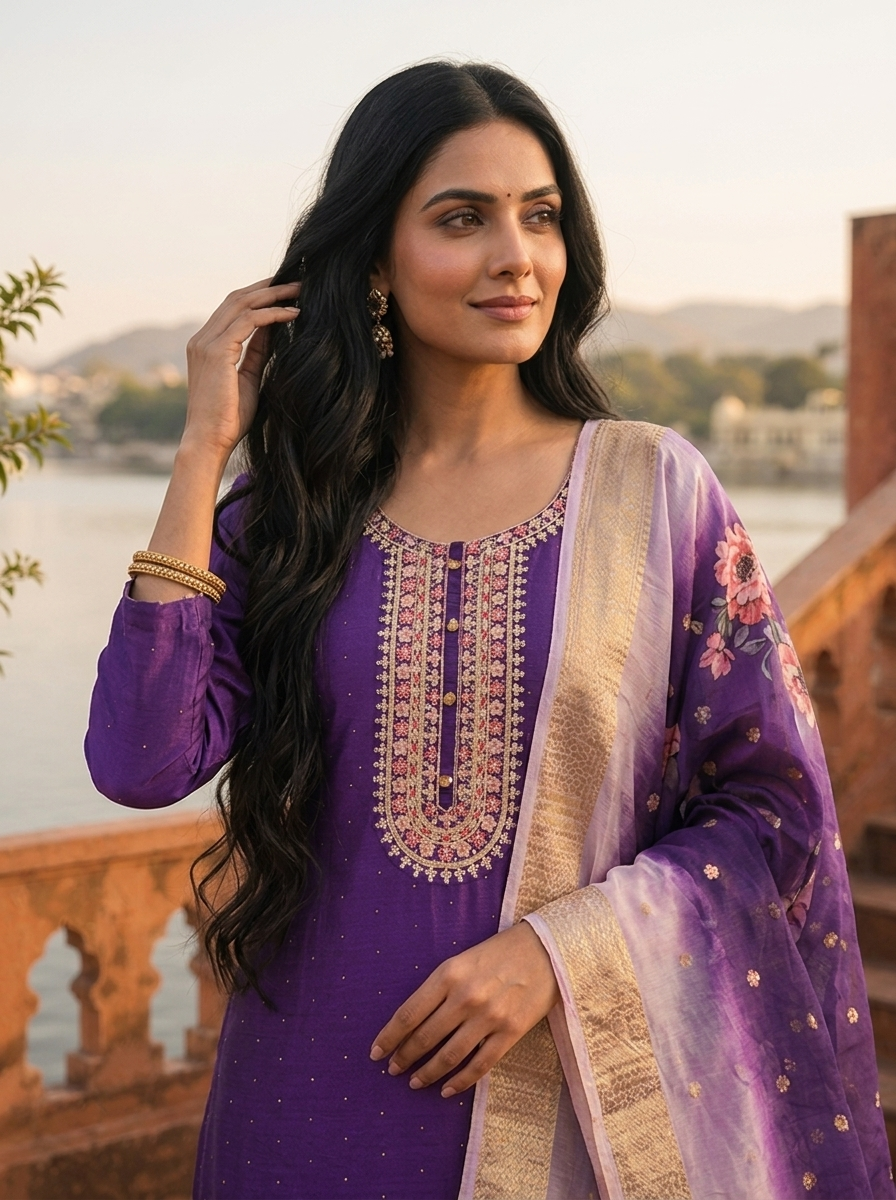 Purple Silk Embroidered Three Piece Set