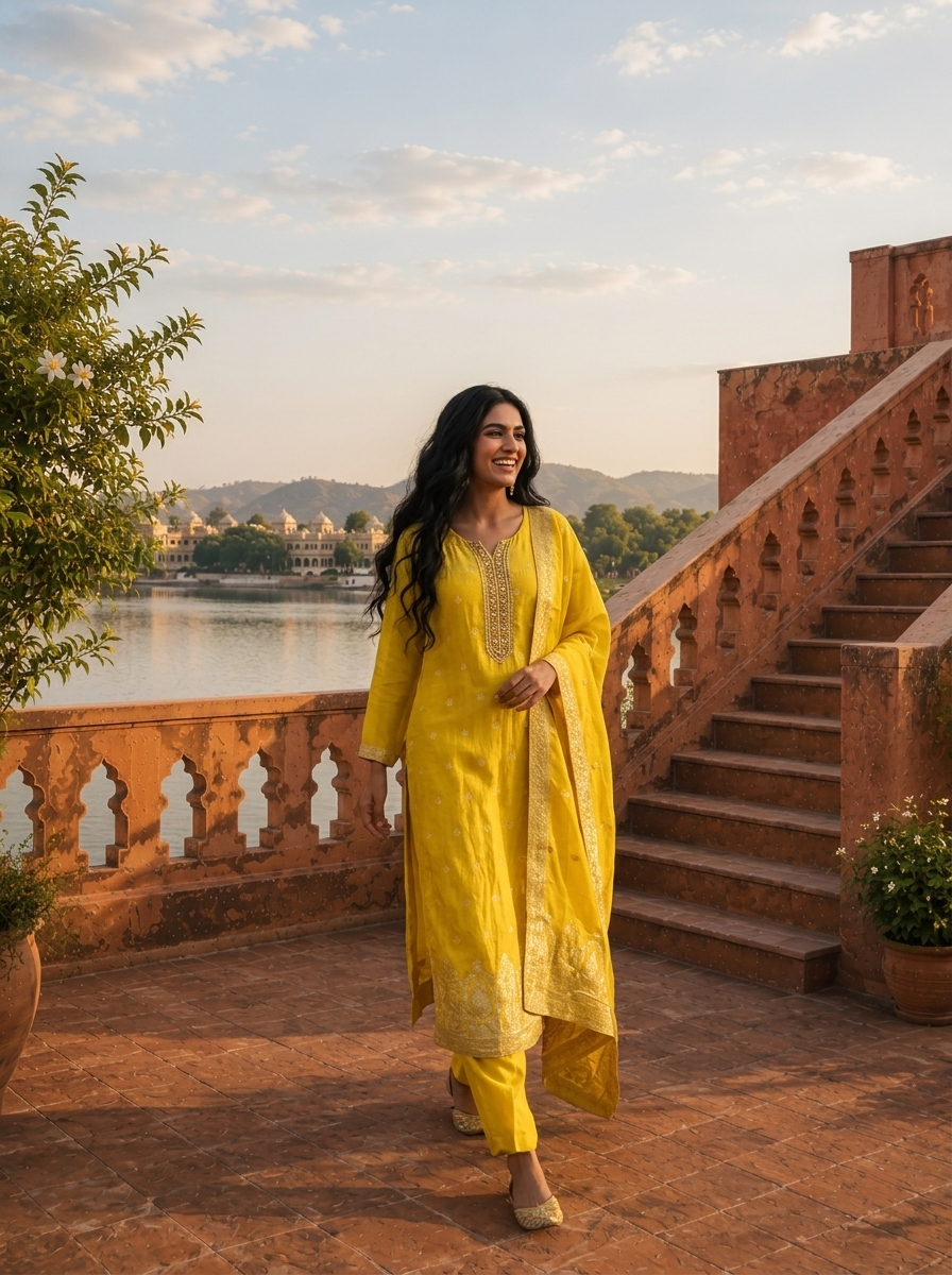 Lemon Silk Buti Weaved Three Piece Set