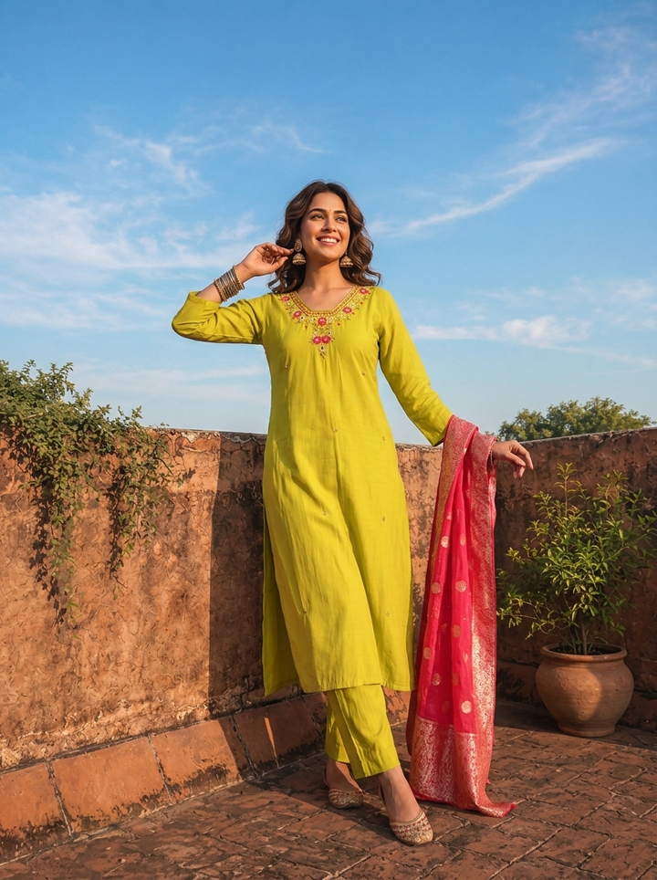 Lime Green Silk Thread Floral Embroidered Three Piece Set
