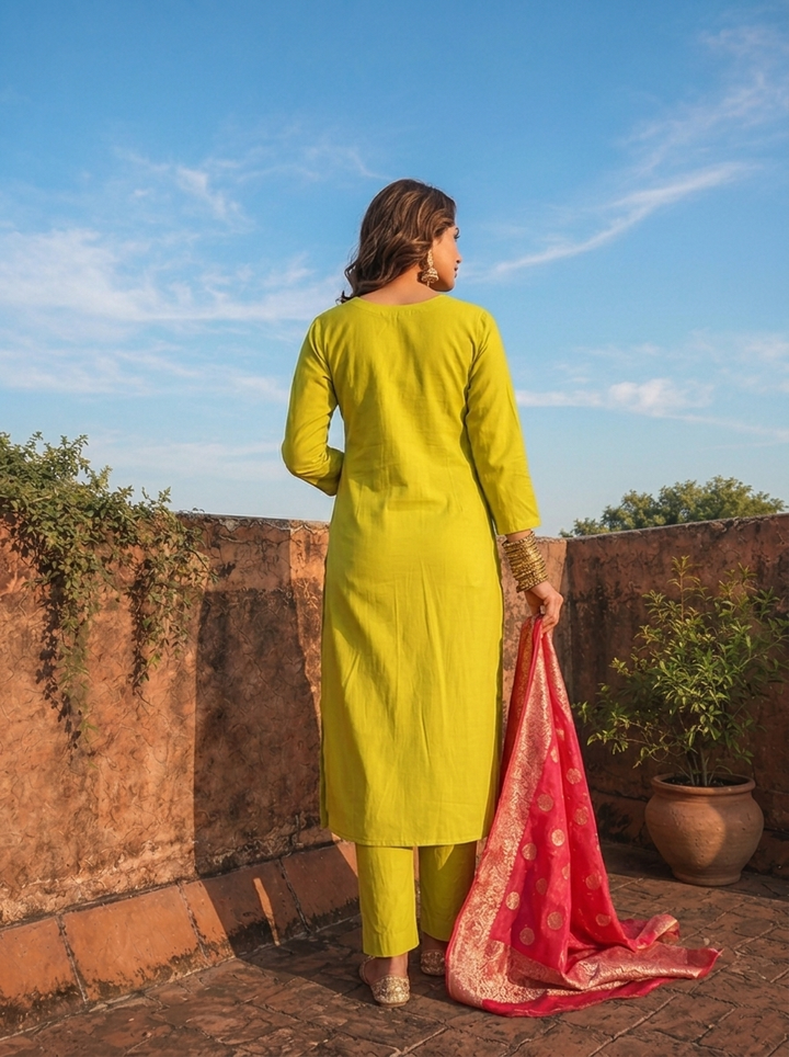 Lime Green Silk Thread Floral Embroidered Three Piece Set