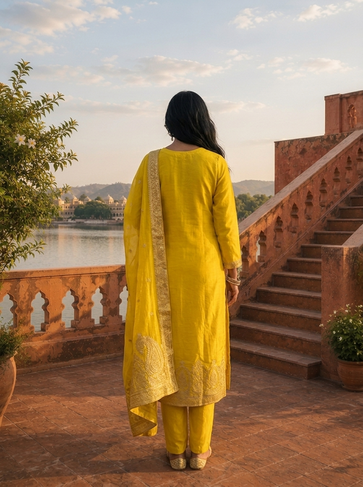 Lemon Silk Buti Weaved Three Piece Set