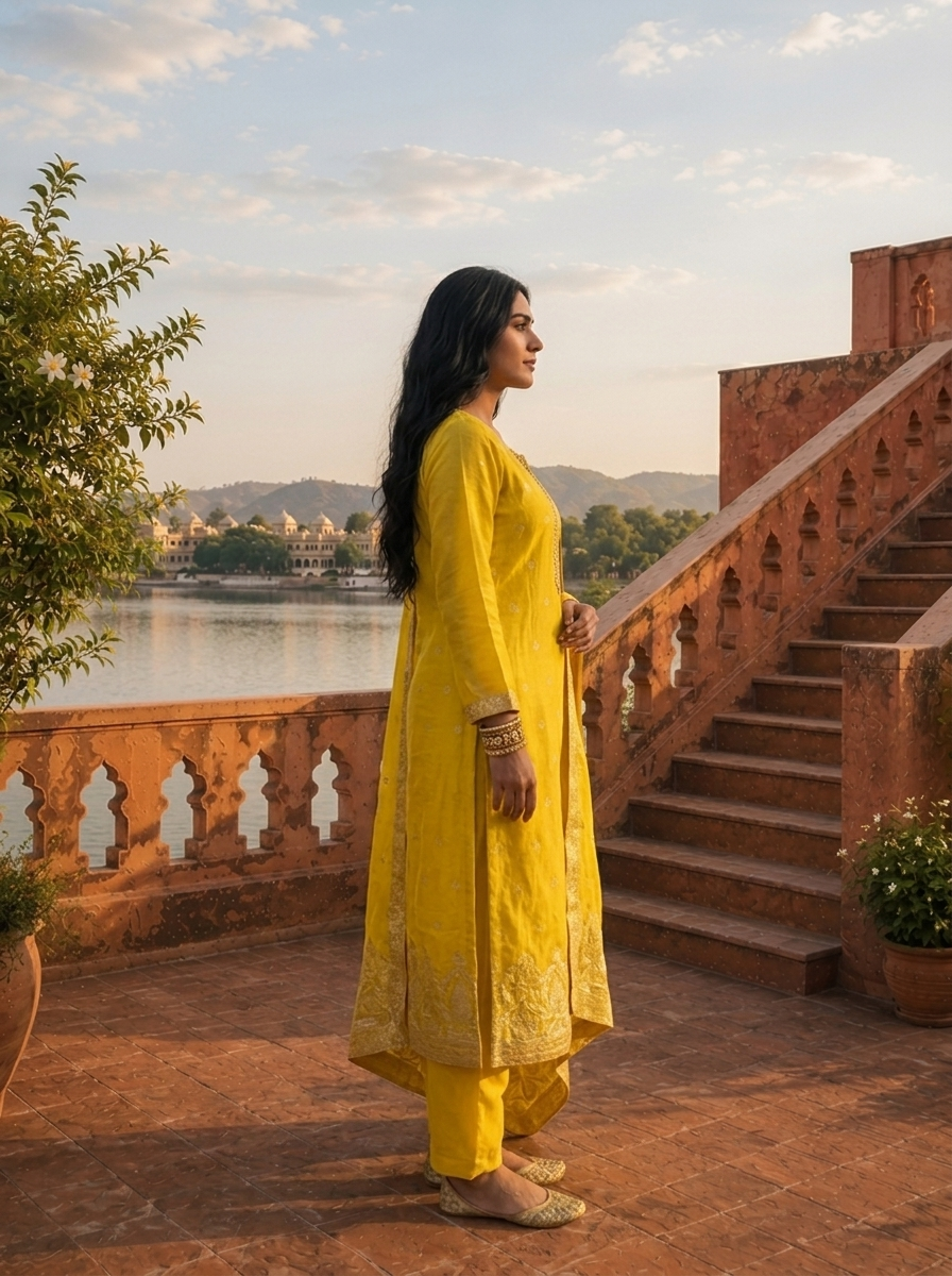 Lemon Silk Buti Weaved Three Piece Set