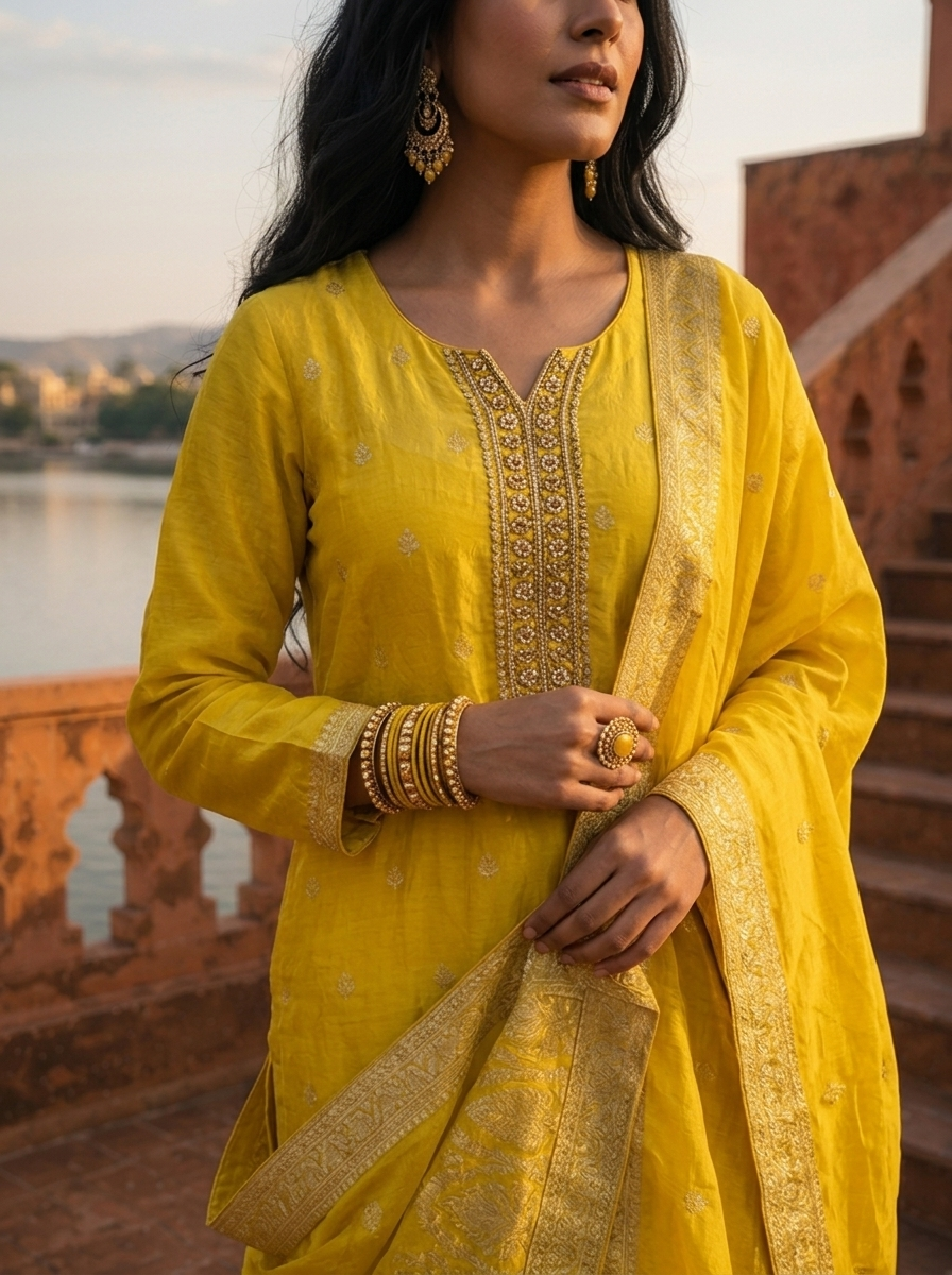 Lemon Silk Buti Weaved Three Piece Set