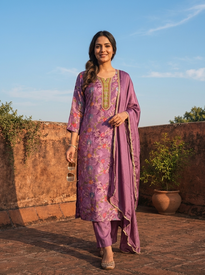 Lilac Silk Floral Printed Three Piece Set