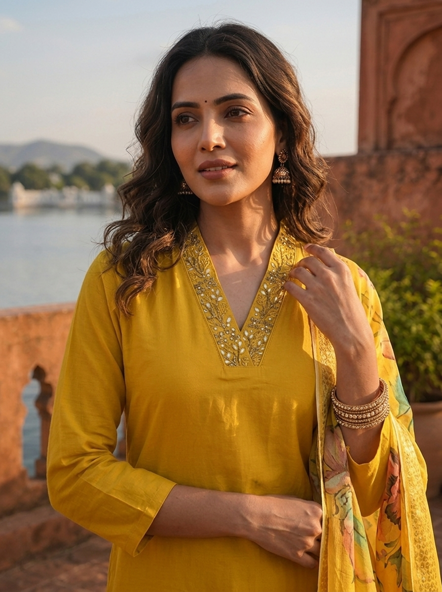 Yellow Silk Thread Embroidered Three Piece Set