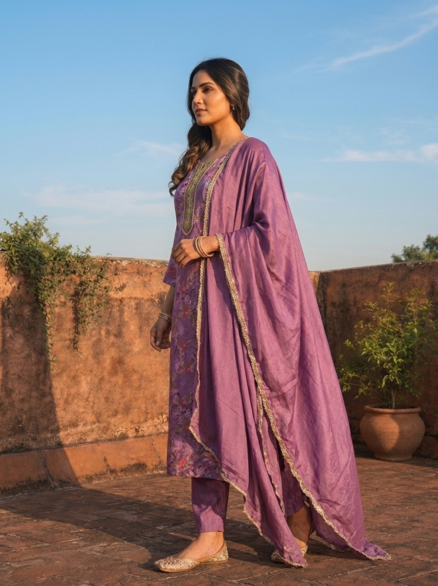 Lilac Silk Floral Printed Three Piece Set