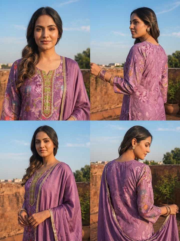 Lilac Silk Floral Printed Three Piece Set