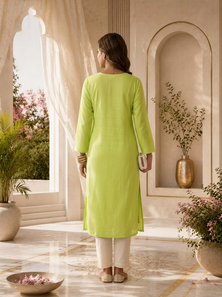 Lime Rayon Resham Floral Embroidered Kurta