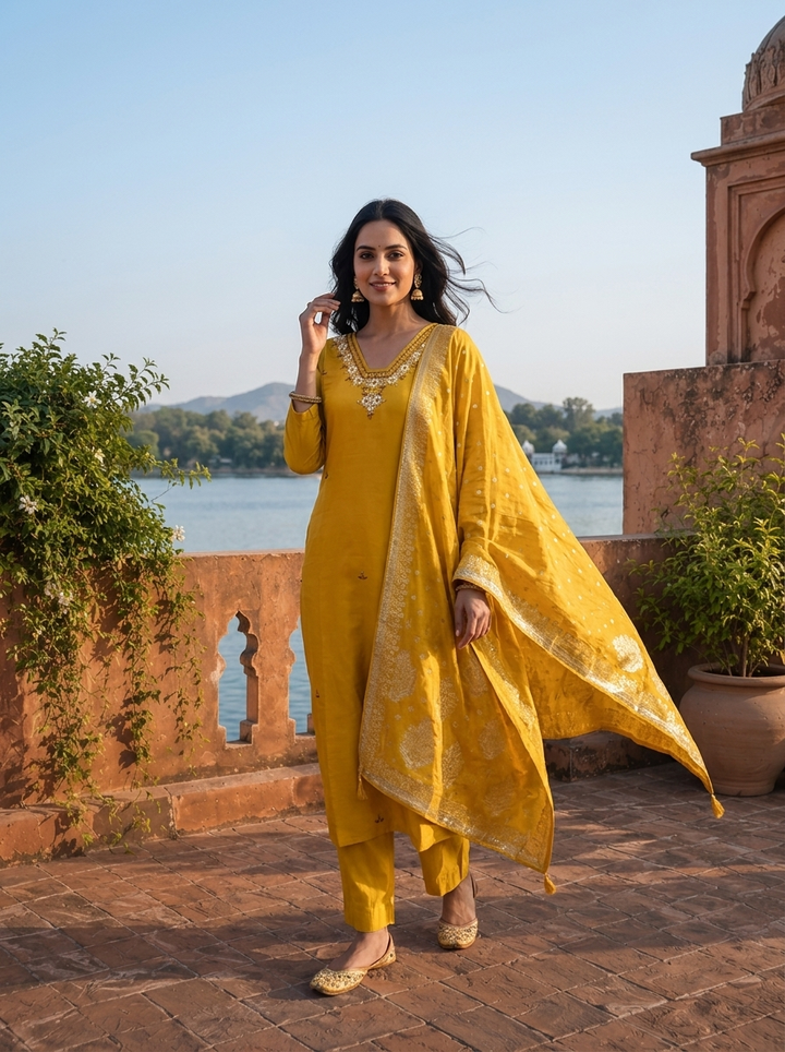 Mustard Silk Thread Floral Embroidered Three Piece Set