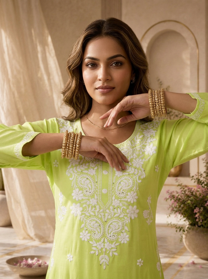 Lime Rayon Resham Floral Embroidered Kurta