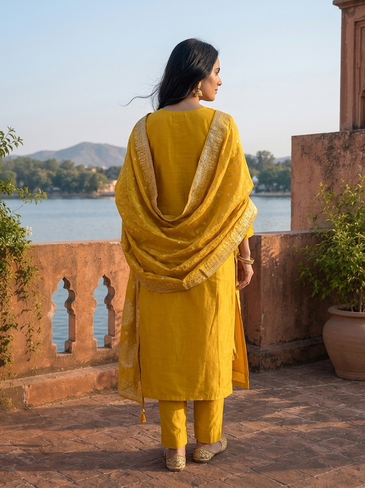 Mustard Silk Thread Floral Embroidered Three Piece Set