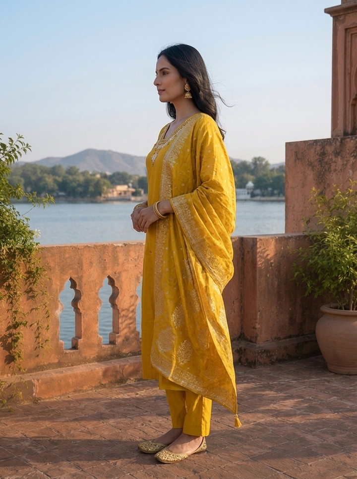 Mustard Silk Thread Floral Embroidered Three Piece Set