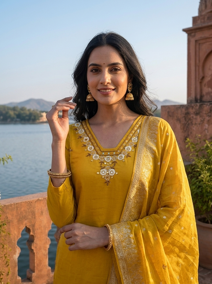 Mustard Silk Thread Floral Embroidered Three Piece Set