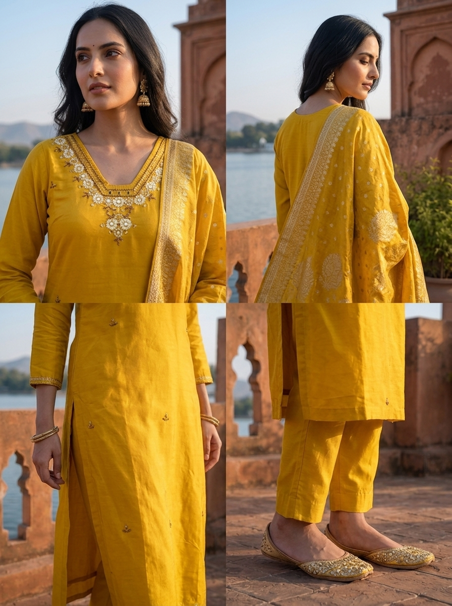 Mustard Silk Thread Floral Embroidered Three Piece Set