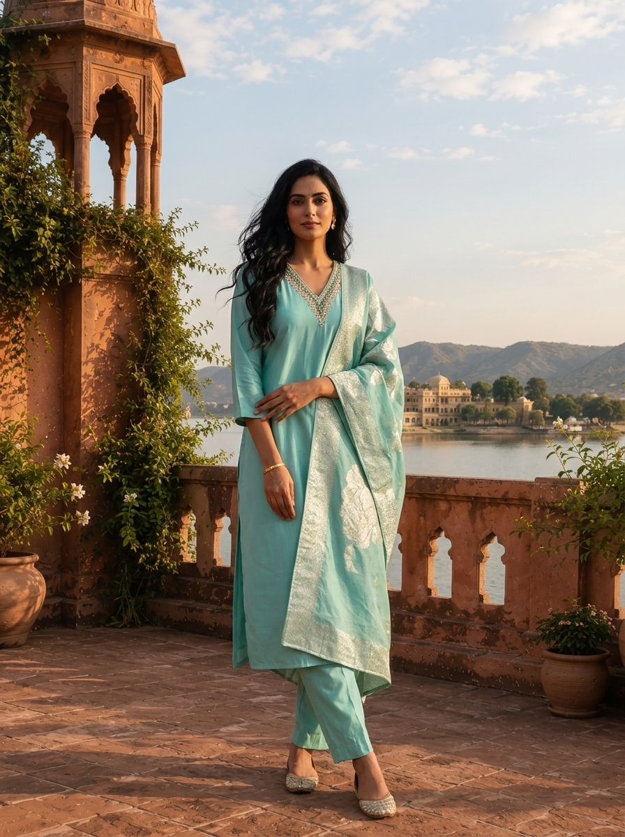 Sea Green Silk Stone Embroidered Three Piece Set