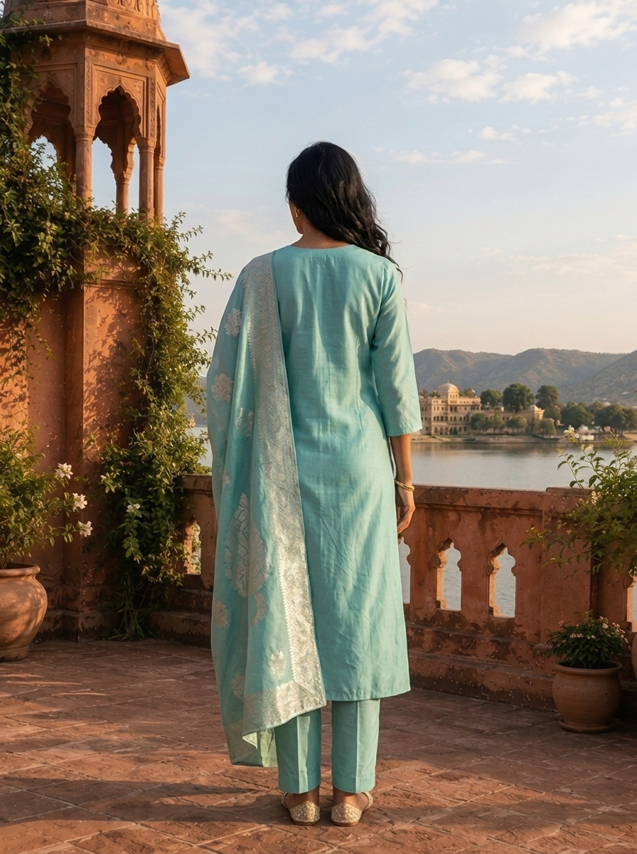 Sea Green Silk Stone Embroidered Three Piece Set