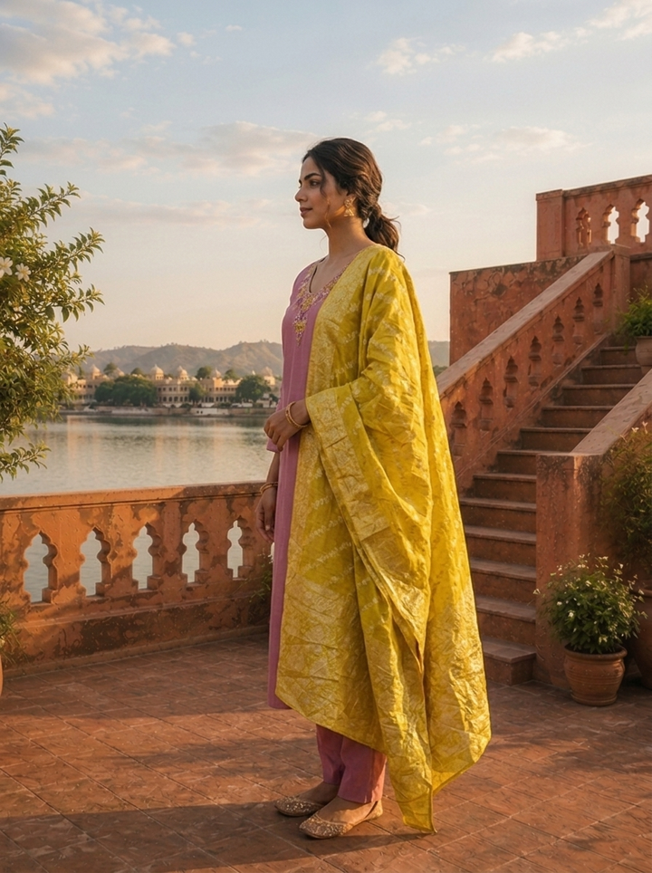 Onion Silk Thread Floral Embroidered Three Piece Set