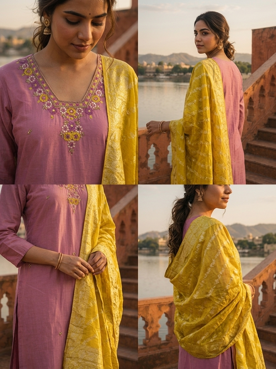 Onion Silk Thread Floral Embroidered Three Piece Set
