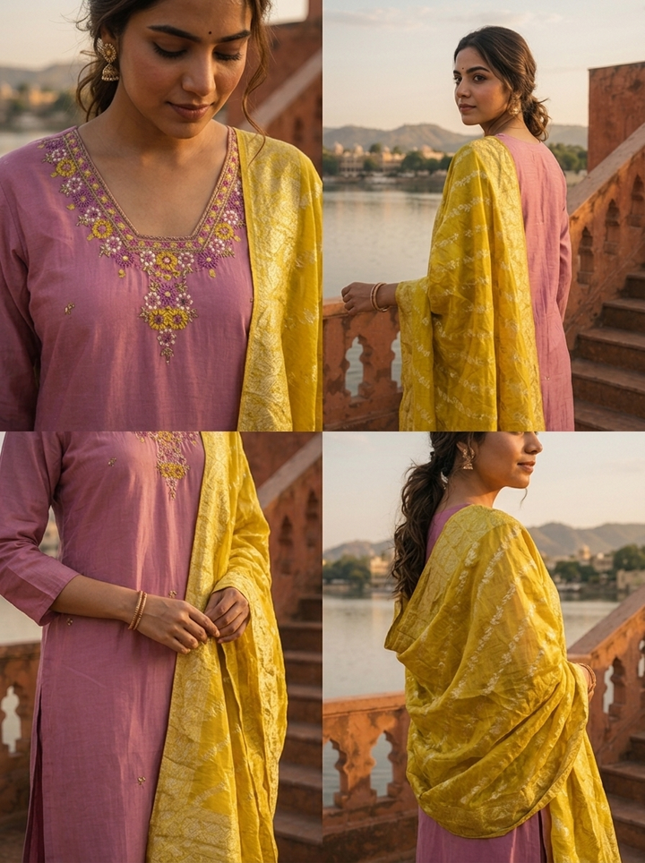 Onion Silk Thread Floral Embroidered Three Piece Set