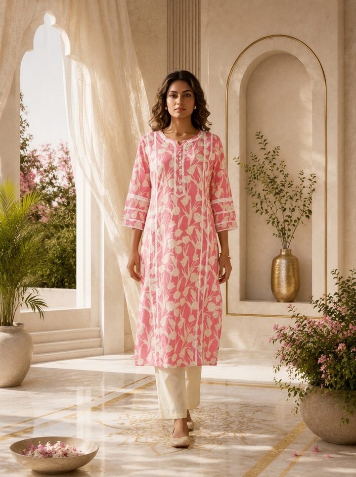 Rose Pink Cotton Tulip Floral Printed Kurta
