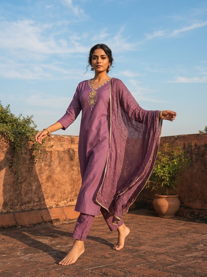 Lavender Rayon Thread And Stone Embroidered Three Piece Set