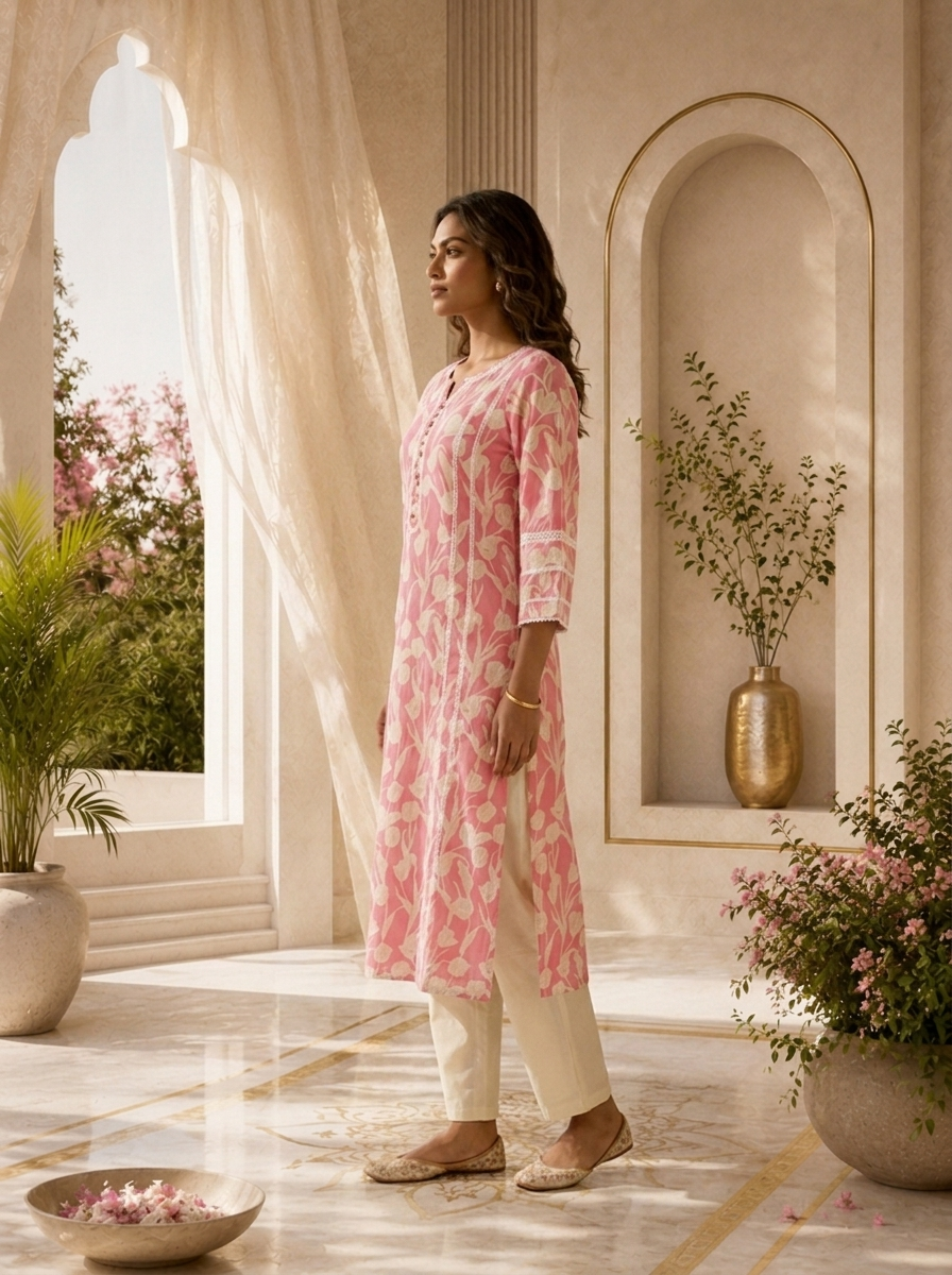 Rose Pink Cotton Tulip Floral Printed Kurta