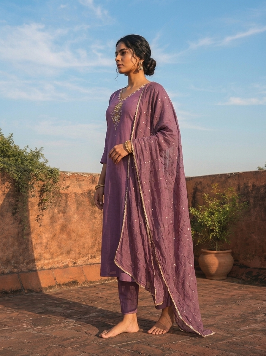 Lavender Rayon Thread And Stone Embroidered Three Piece Set