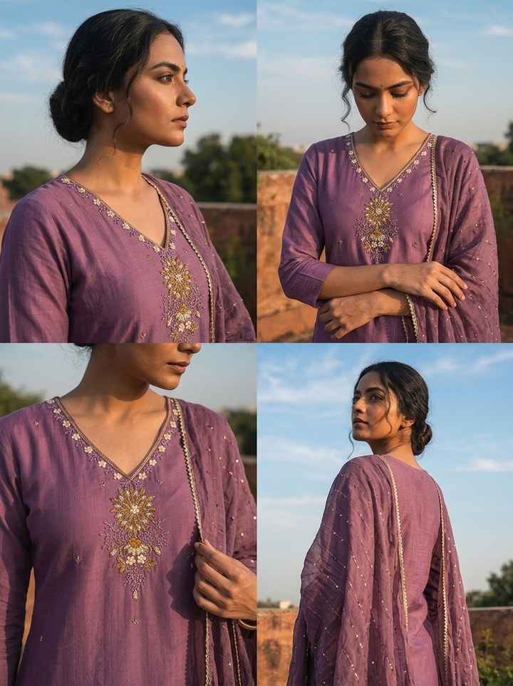 Lavender Rayon Thread And Stone Embroidered Three Piece Set