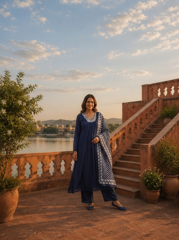 Navy Blue Chinon Floral Thread Embroidered Three Piece Set