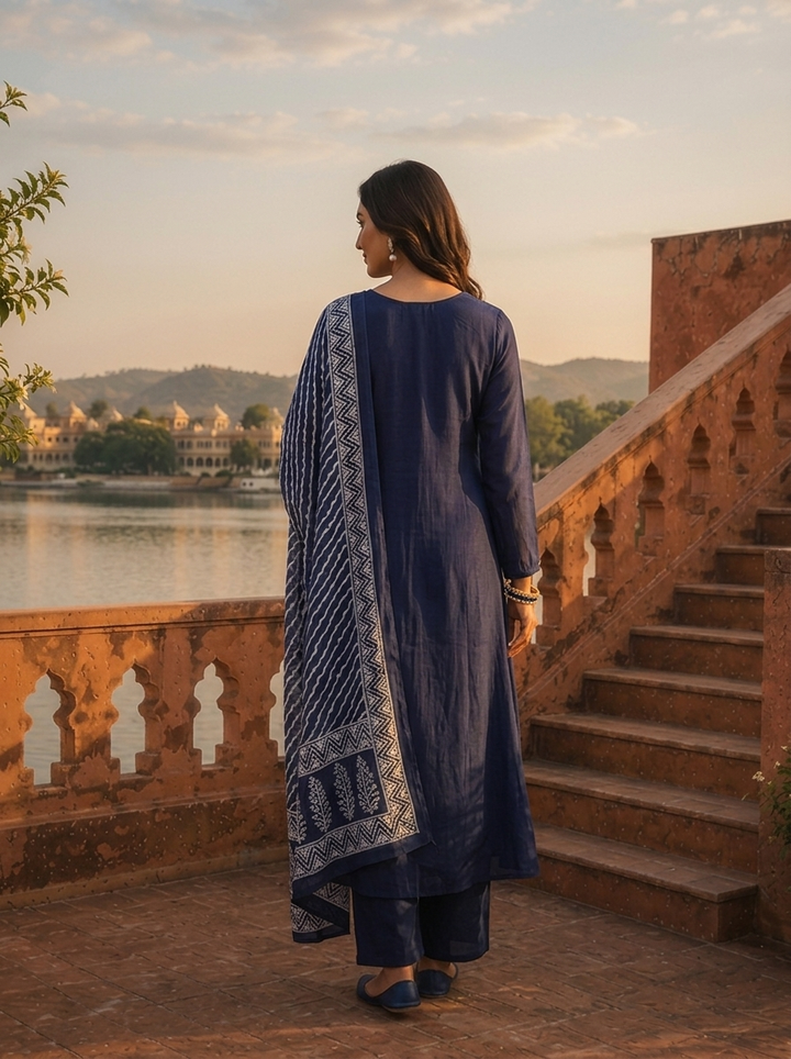 Navy Blue Chinon Floral Thread Embroidered Three Piece Set