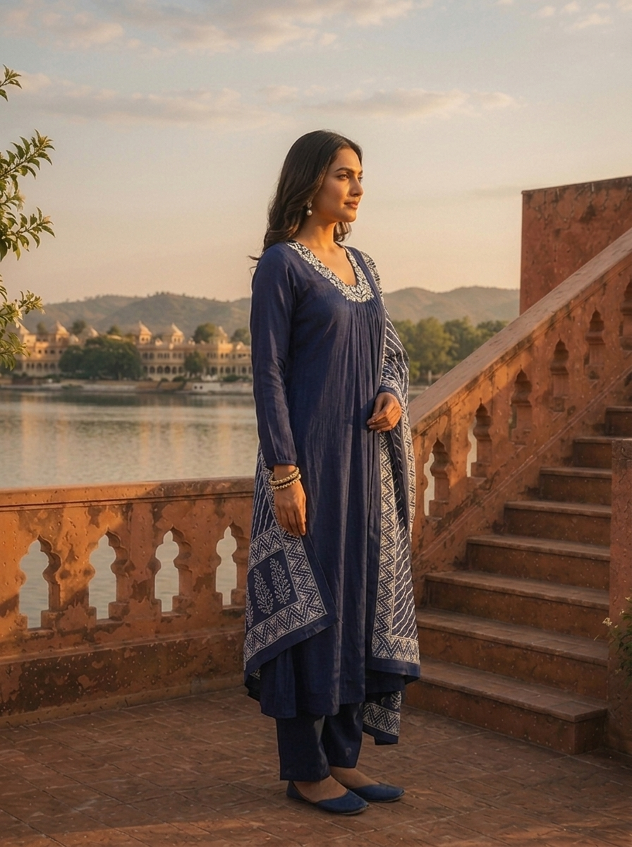 Navy Blue Chinon Floral Thread Embroidered Three Piece Set