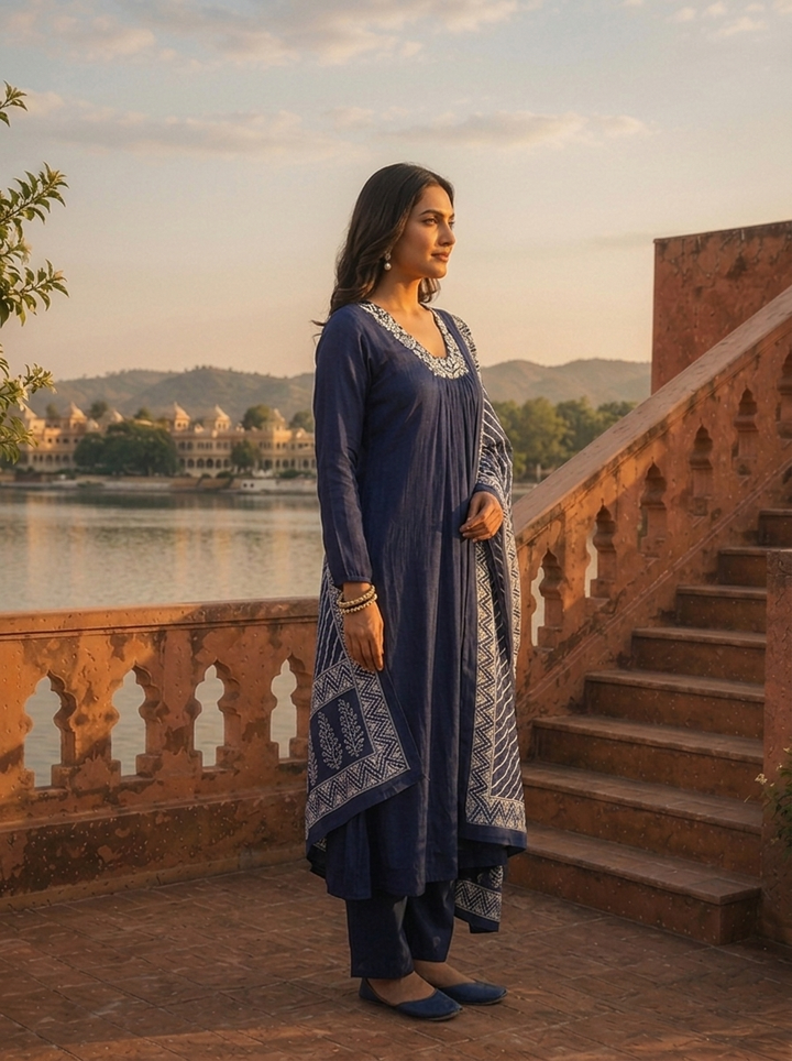 Navy Blue Chinon Floral Thread Embroidered Three Piece Set