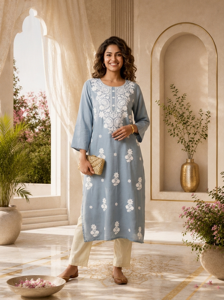 Aqua Rayon Resham Floral Embroidered Kurta