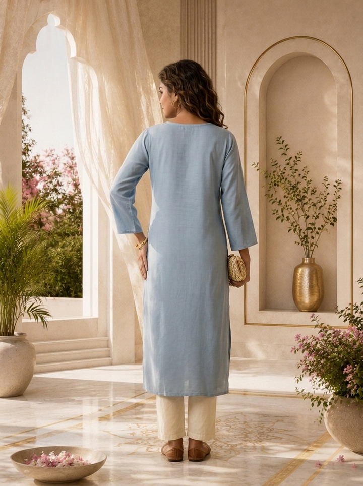 Aqua Rayon Resham Floral Embroidered Kurta