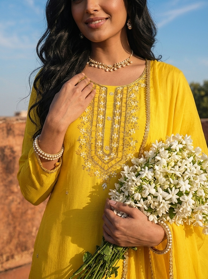 Yellow Chinon Thread And Stone Embroidered Three Piece Set