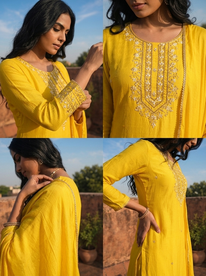 Yellow Chinon Thread And Stone Embroidered Three Piece Set