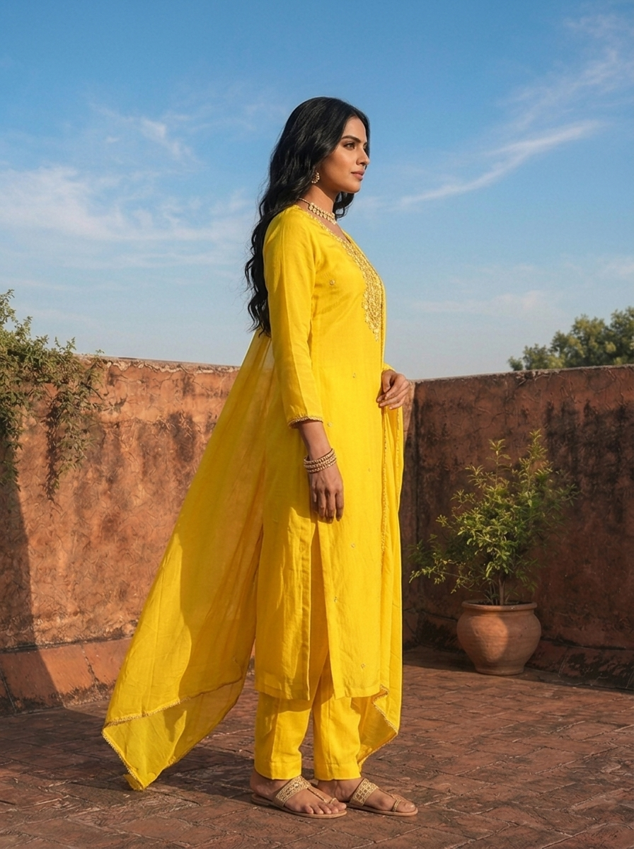Yellow Chinon Thread And Stone Embroidered Three Piece Set
