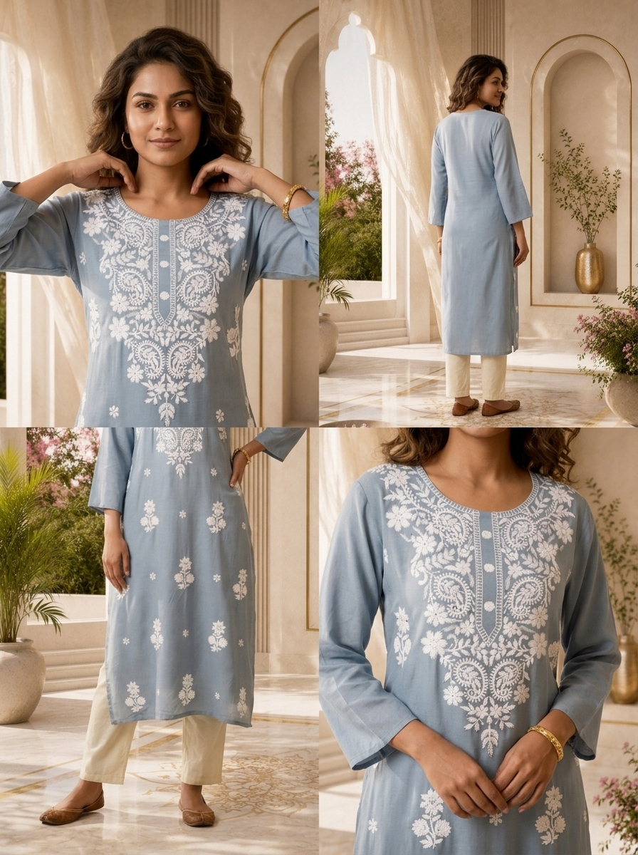 Aqua Rayon Resham Floral Embroidered Kurta