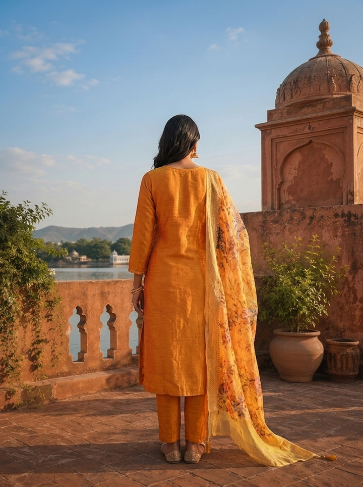 Mustard Silk Embroidered Three Piece Set