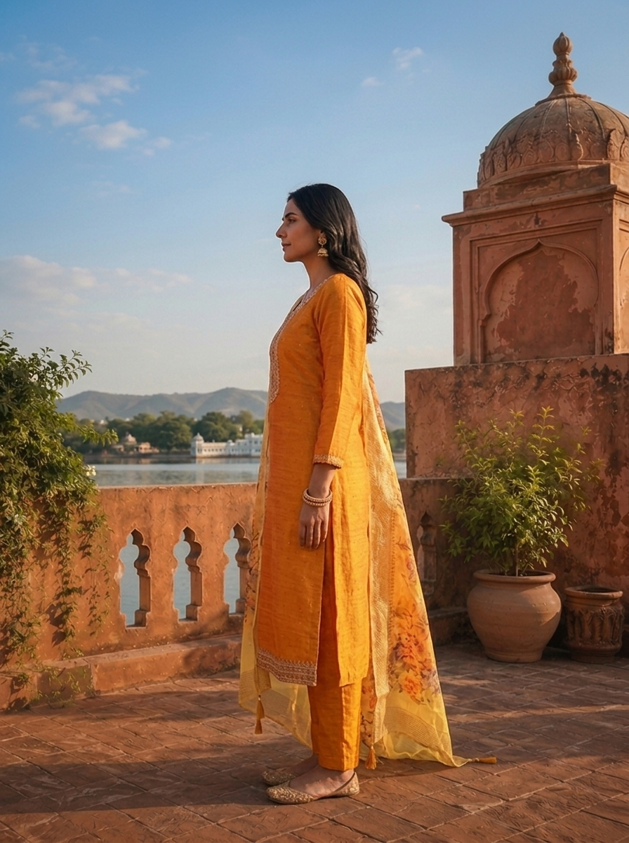 Mustard Silk Embroidered Three Piece Set