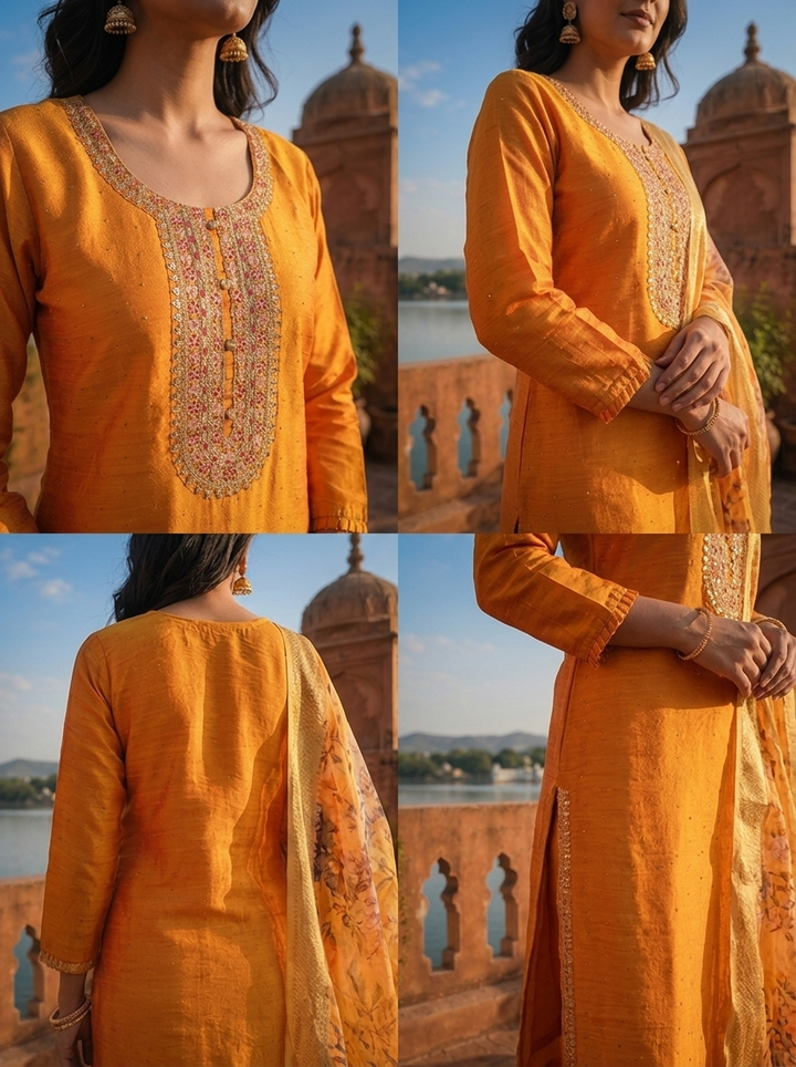 Mustard Silk Embroidered Three Piece Set