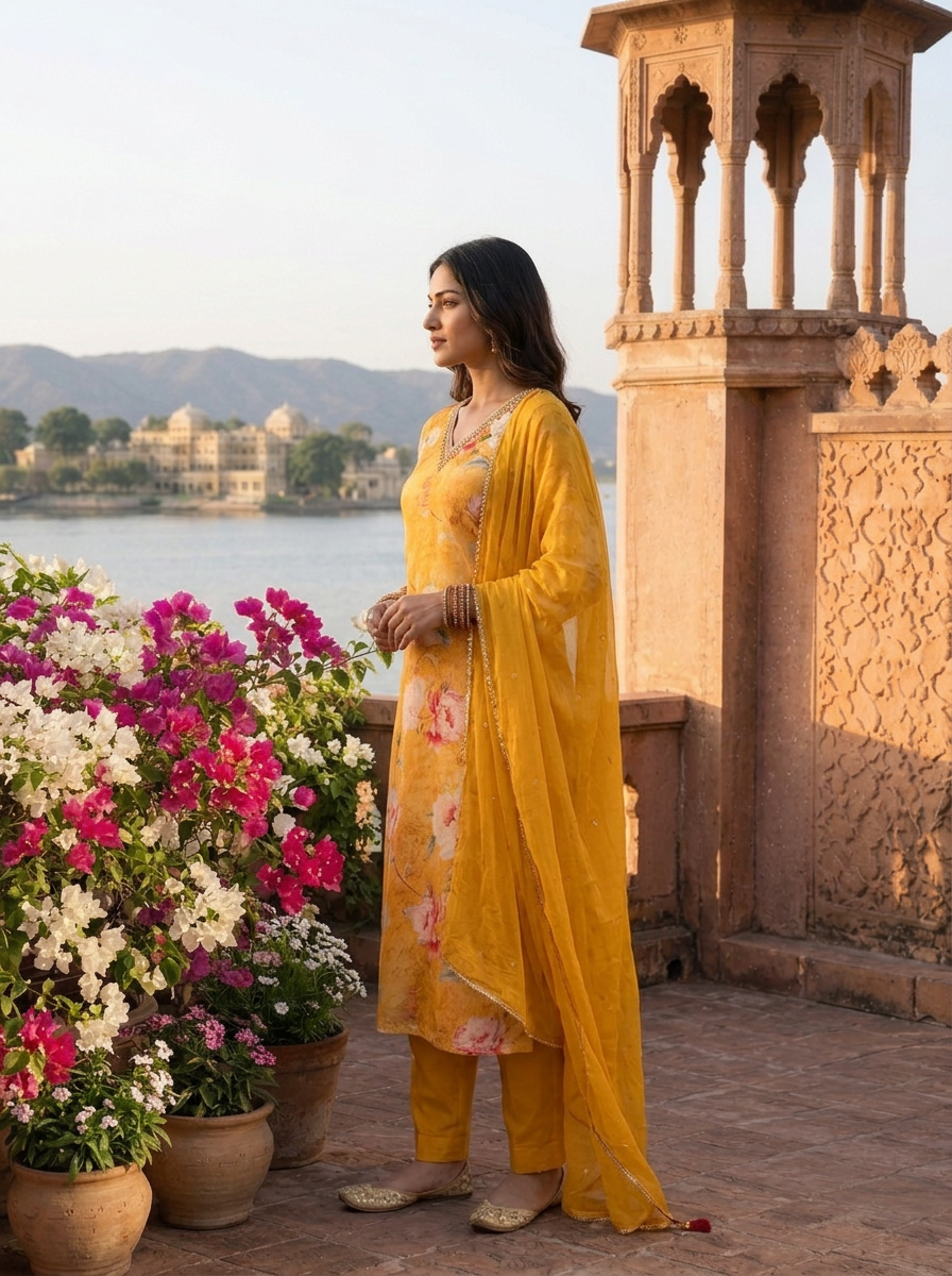 Mustard Crepe Floral Printed Three Piece Set