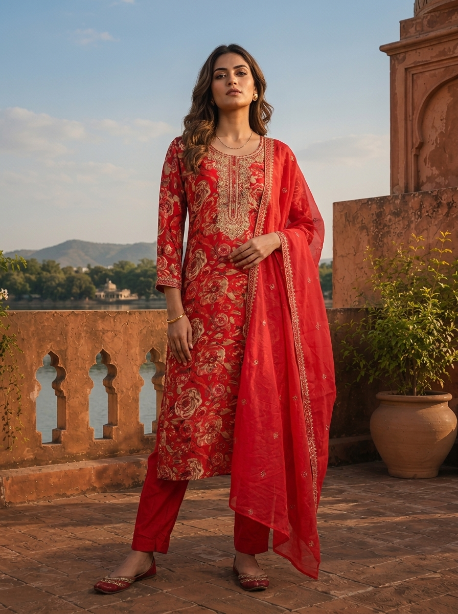 Red Silk Watercolor Floral Printed Three Piece Set